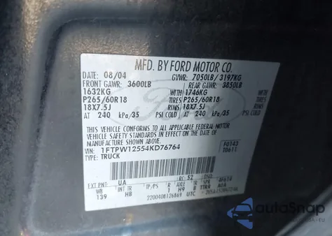 2004 Ford F-150 Lariat/Xlt из США, поврежденный, VIN 1FTPW12554KD76764